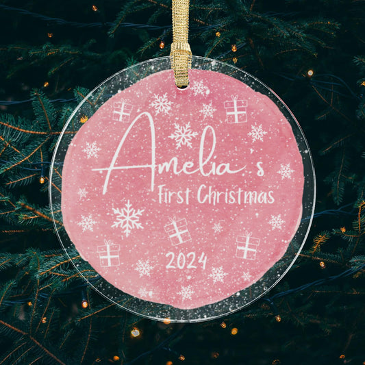 Baby's First Christmas (Gifts and Snowflakes) Pink - Acrylic Ornament