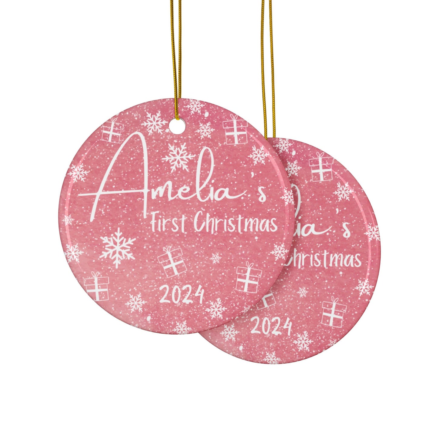 Baby's First Christmas (Gifts and Snowflakes) Pink Ceramic Ornament