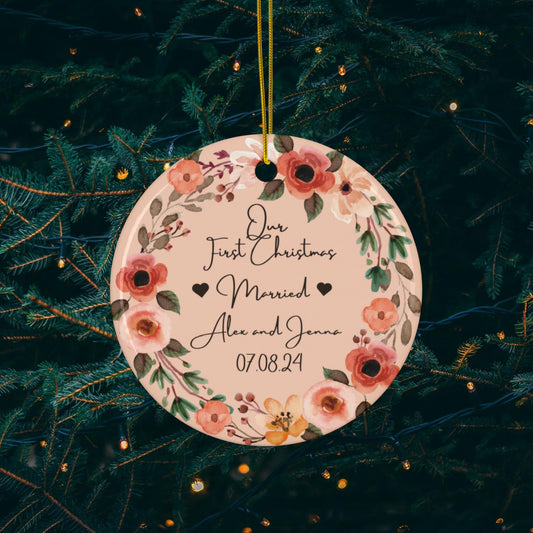 First Christmas Married Floral Ceramic Ornament