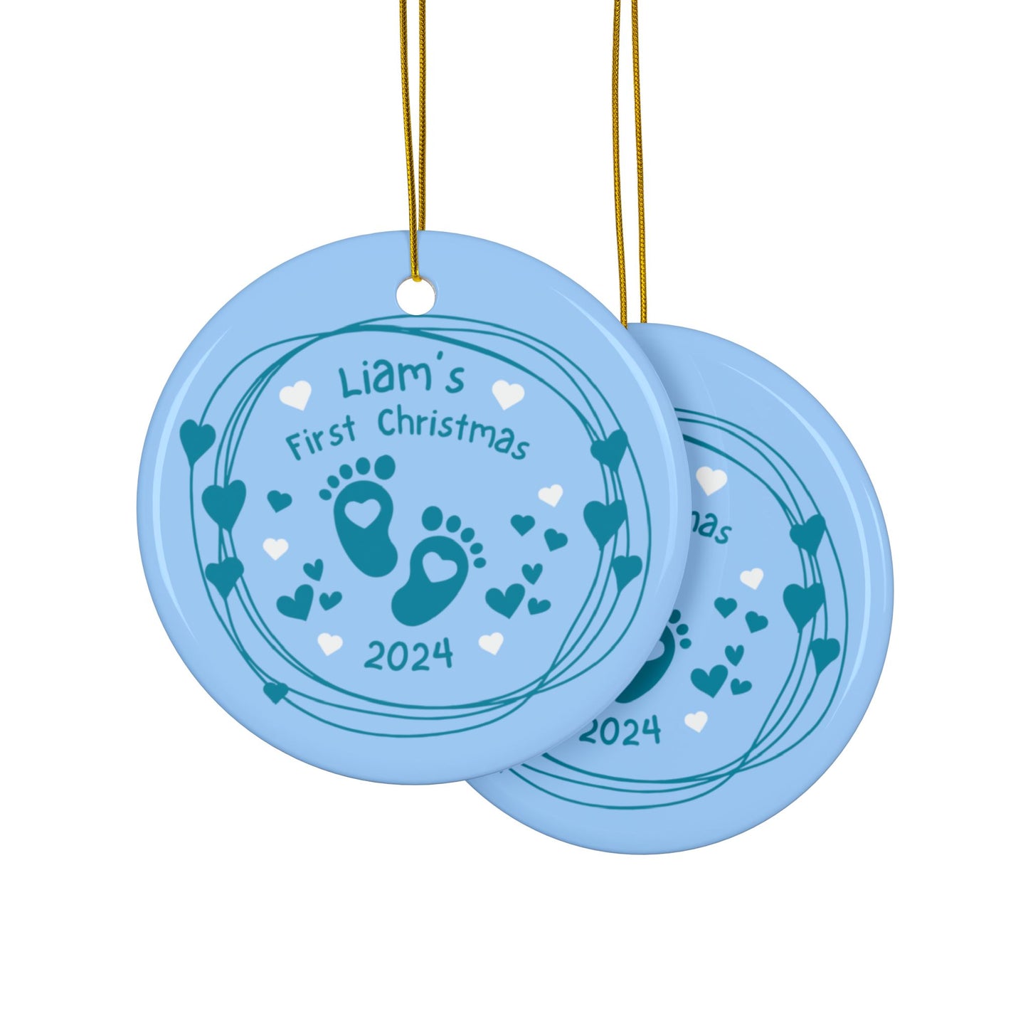 Baby's Footsteps First Christmas Ceramic Ornament - Blue