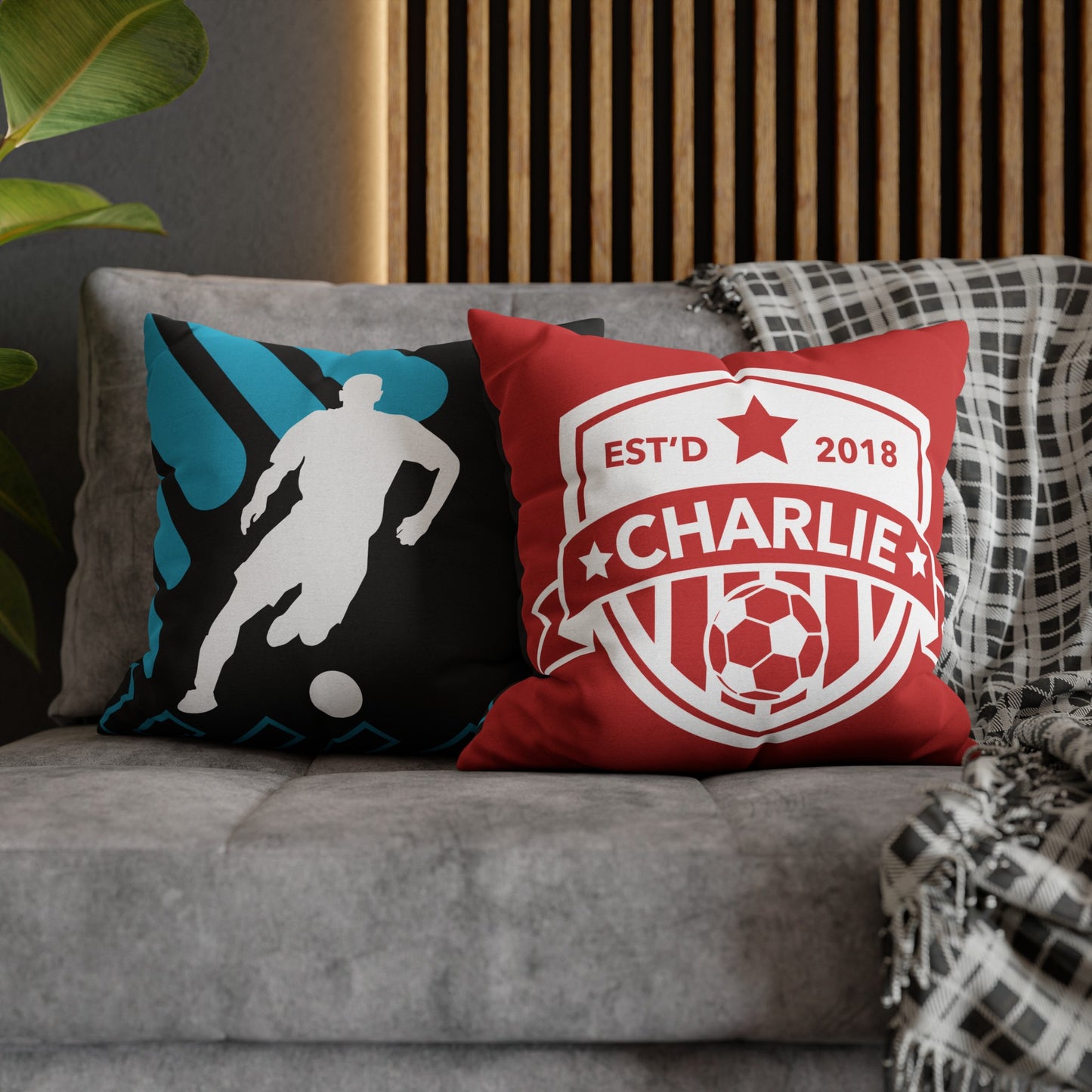 Football Badge Square Pillowcase - Red, Aqua Blue, Black, White