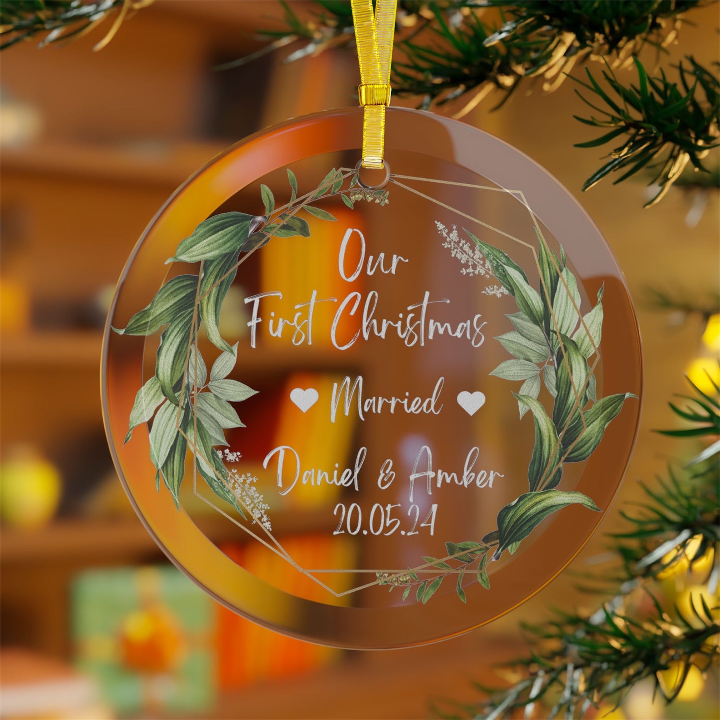 First Christmas Married Glass Round Ornament