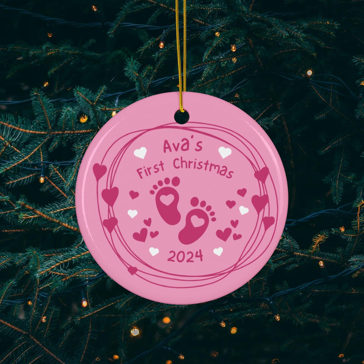 Baby's Footsteps First Christmas Ceramic Ornament - Pink