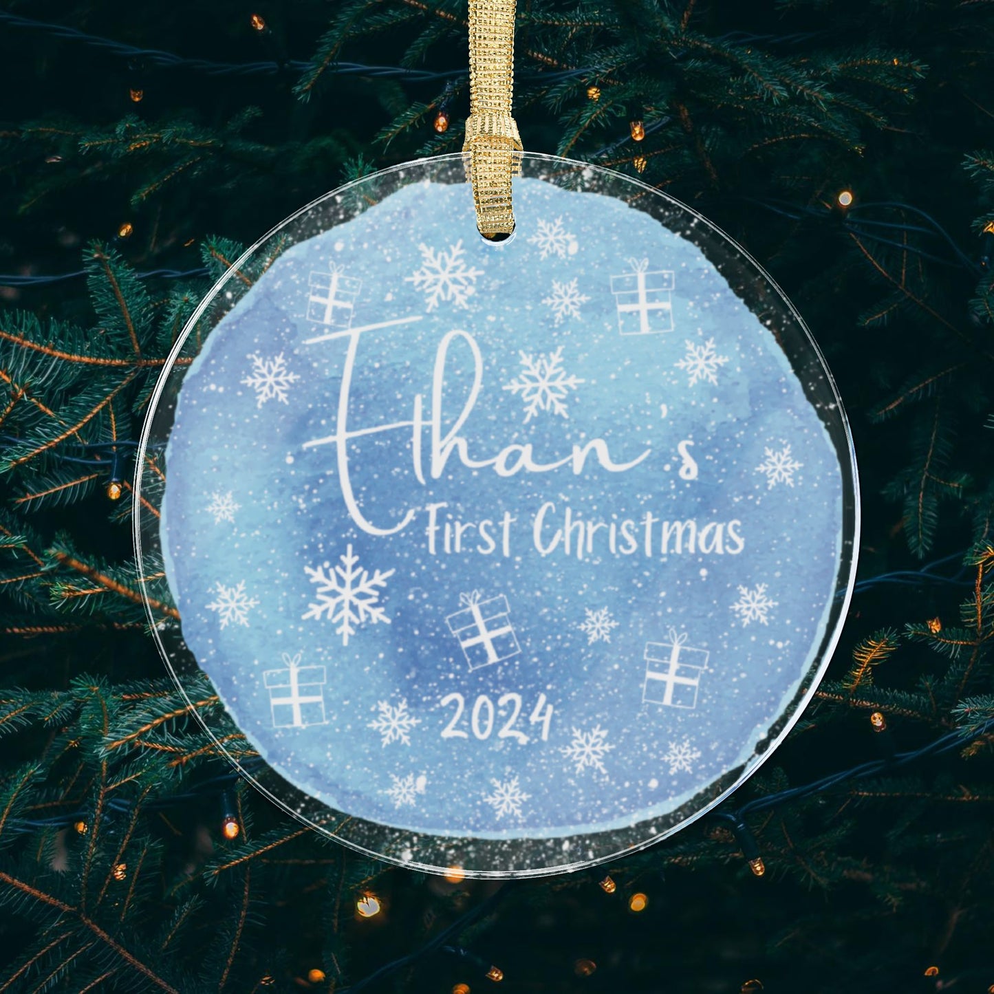 Baby's First Christmas (Gifts and Snowflakes) Blue - Acrylic Ornament