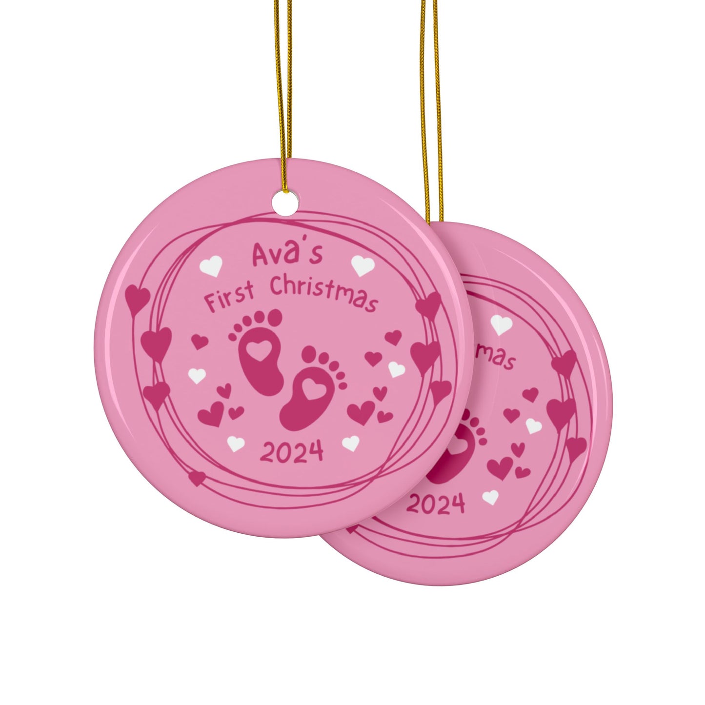 Baby's Footsteps First Christmas Ceramic Ornament - Pink