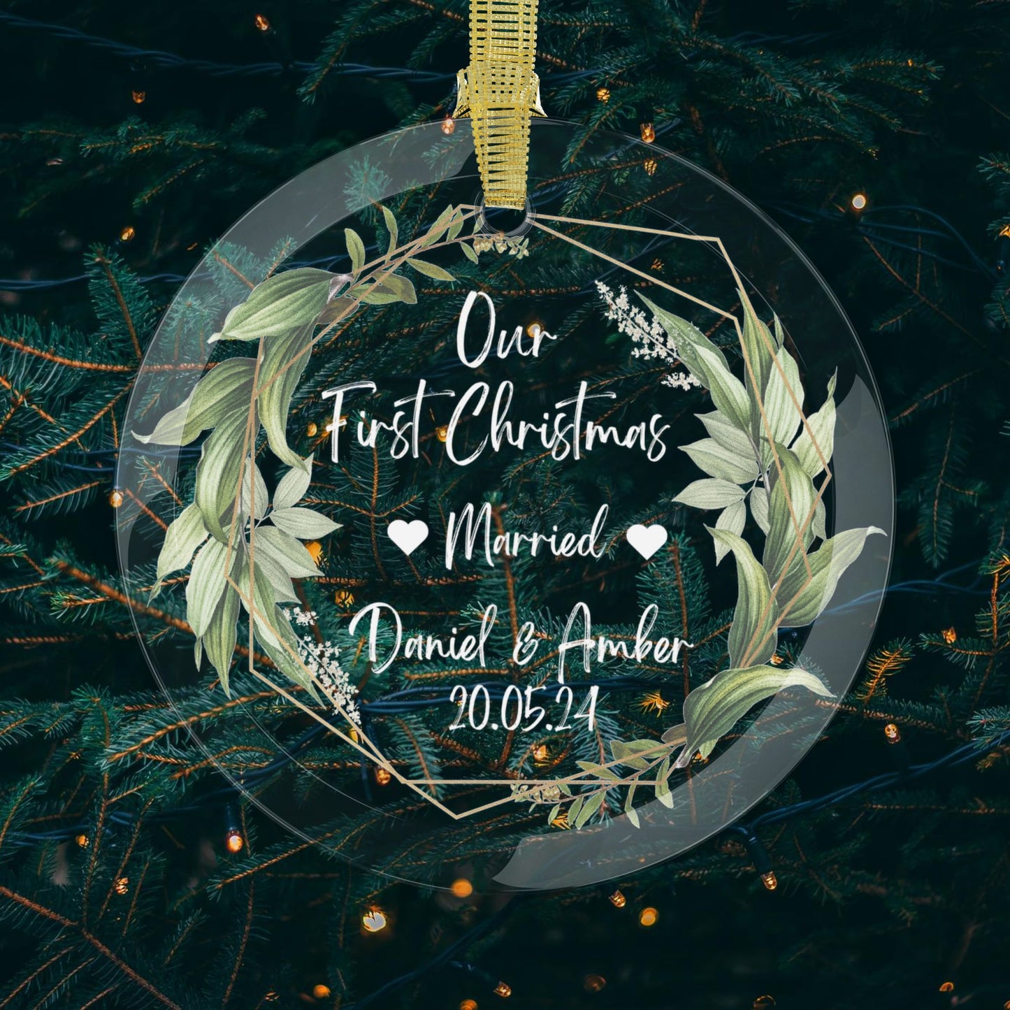 First Christmas Married Glass Round Ornament