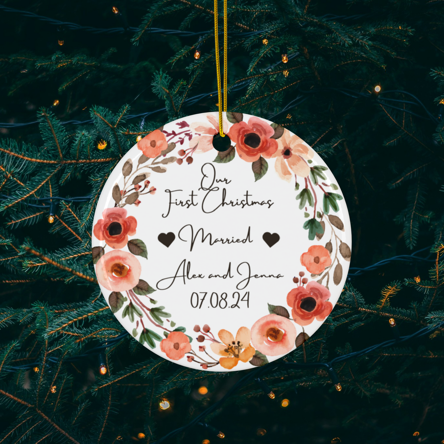 First Christmas Married Floral Ceramic Ornament