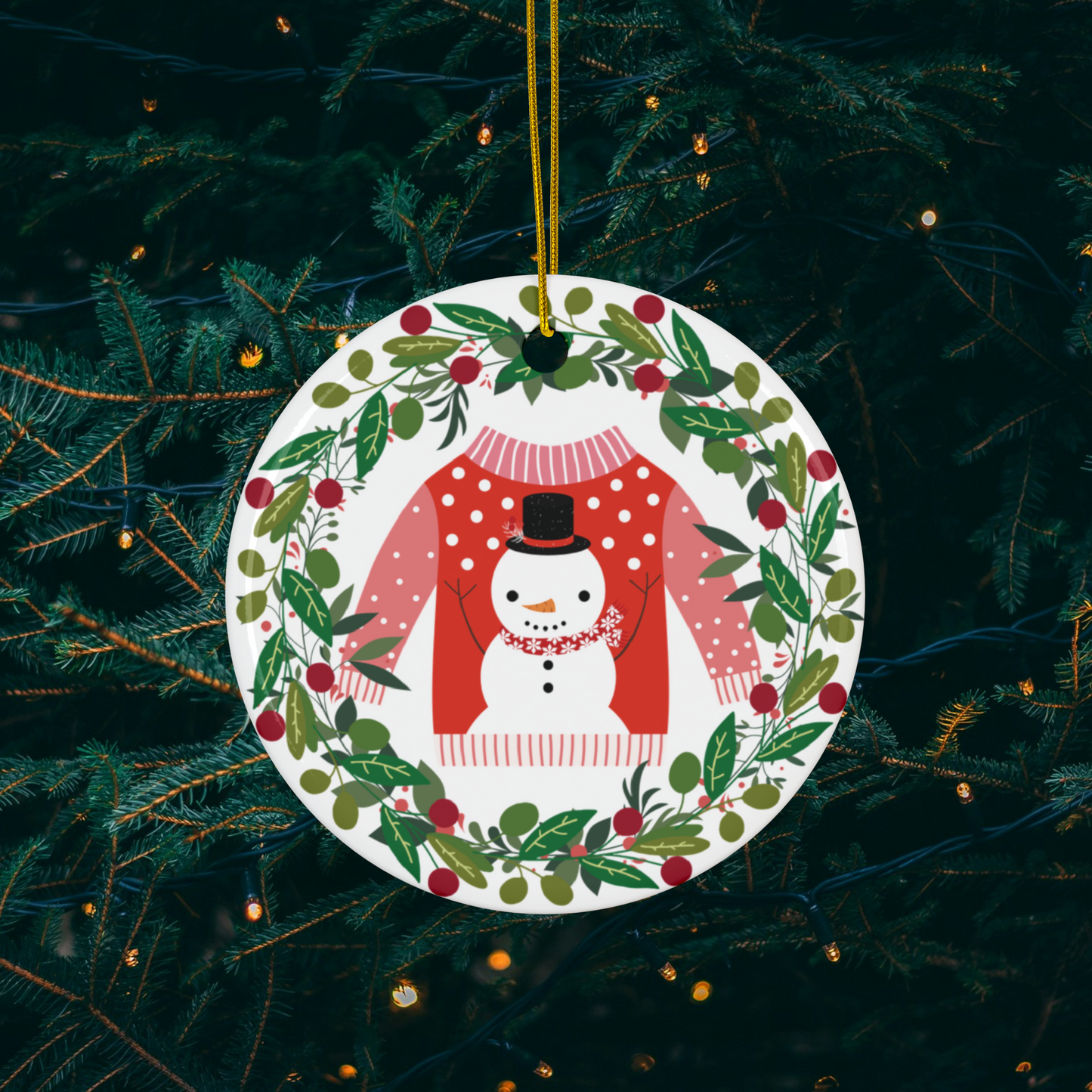 Snowman Ugly Sweater Ceramic Ornament