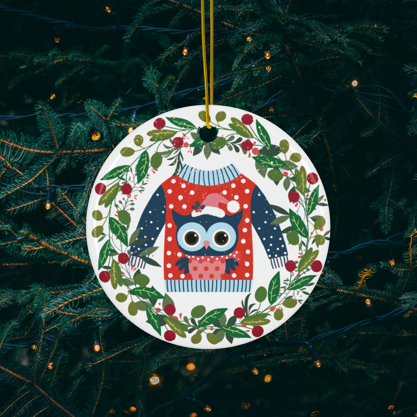 Owl Ugly Sweater Ceramic Ornament