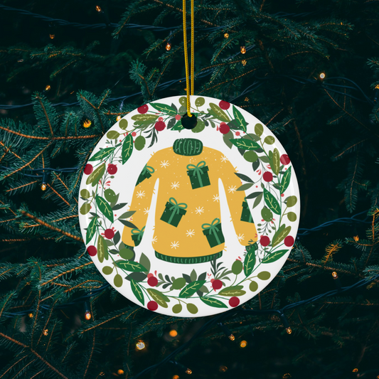 Yellow Ugly Sweater Ceramic Ornament