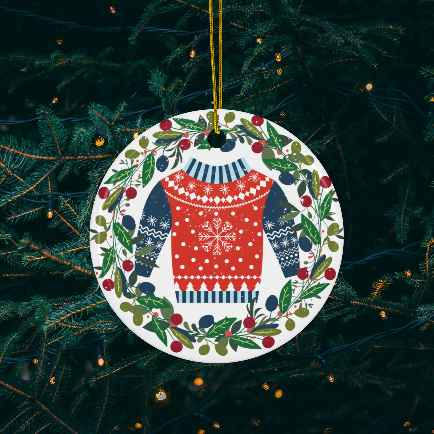 Blue & Red Ugly Sweater Ceramic Ornament